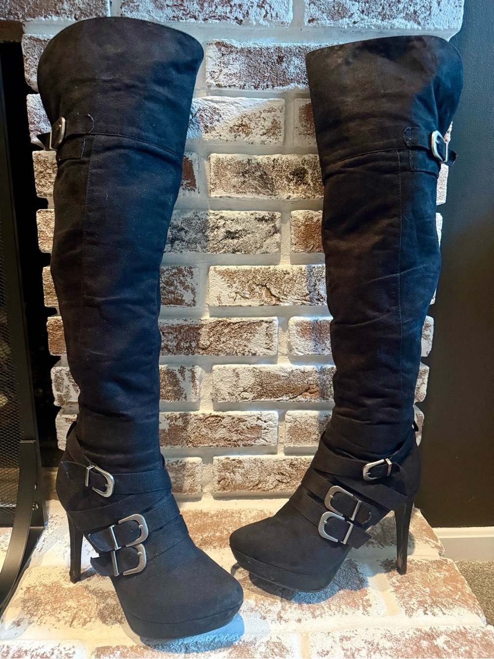 XOXO Black Over-the-Knee Buckle High-Heel Boots